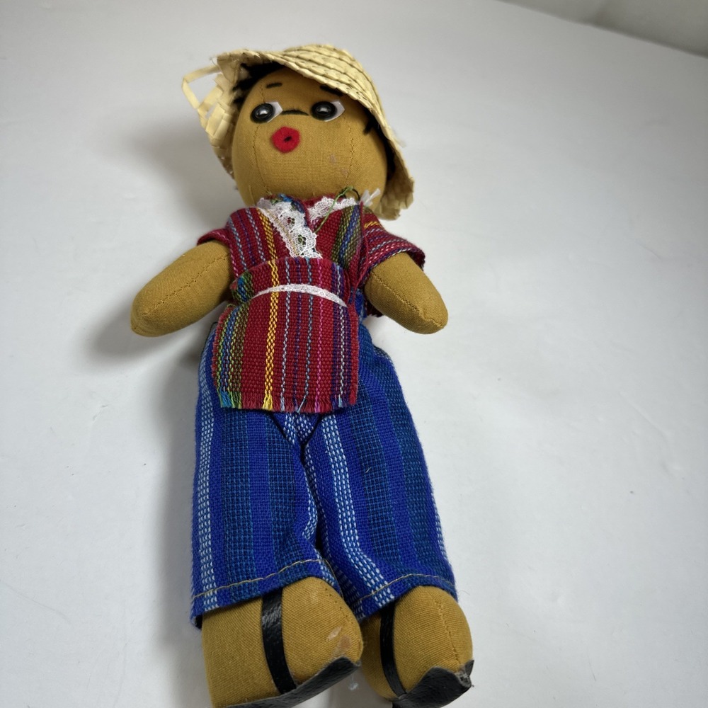 Handmade Guatemalan Doll With Straw Hat & Colorful Woven Clothing 9"